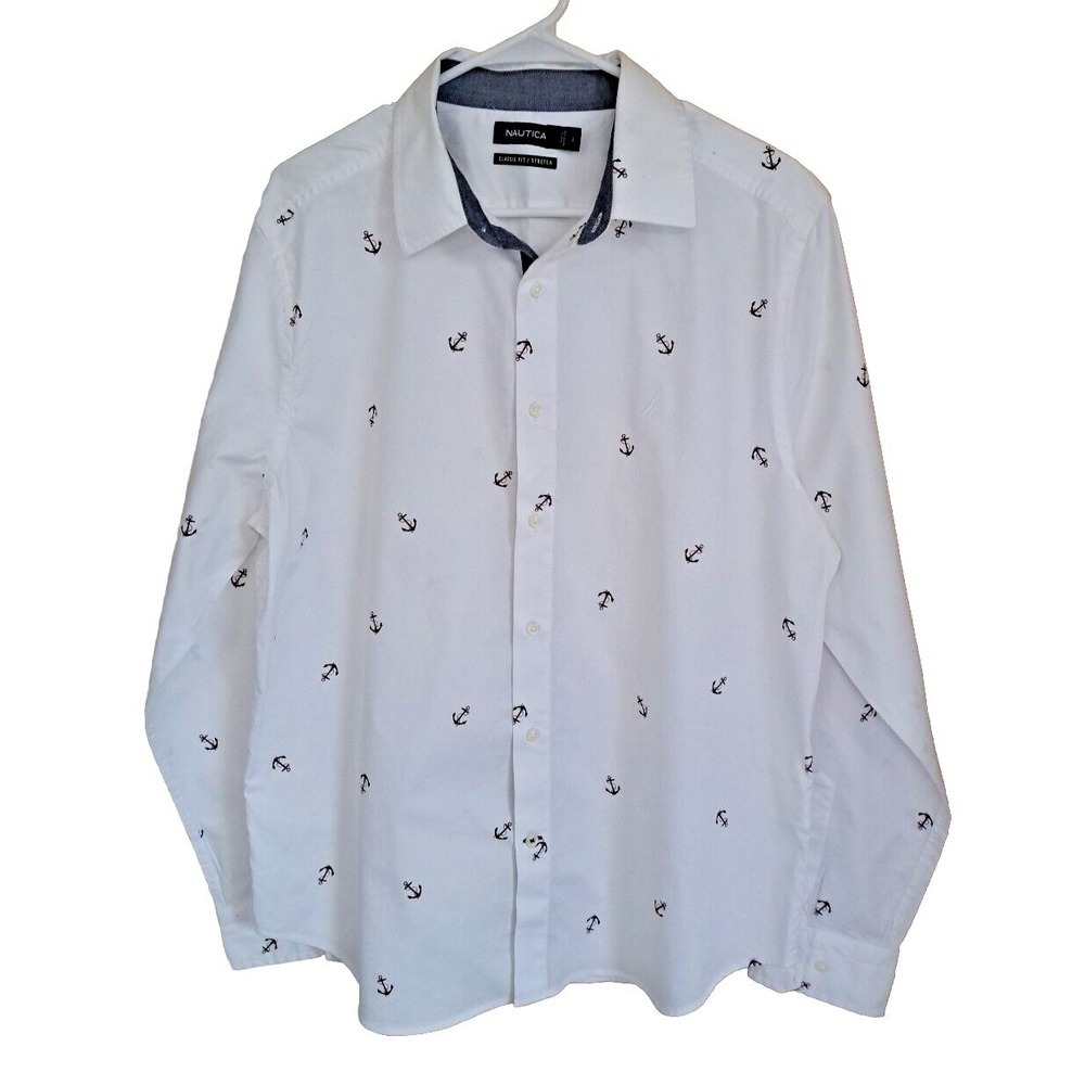 Nautica Classic Fit Shirt Mens Size L White &‎ Navy Anchor Print Long Sleeve